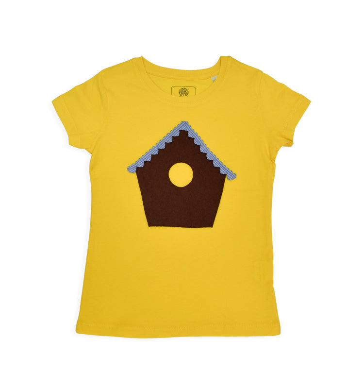 Girls' short-sleeved yellow T-shirt with birdhouse